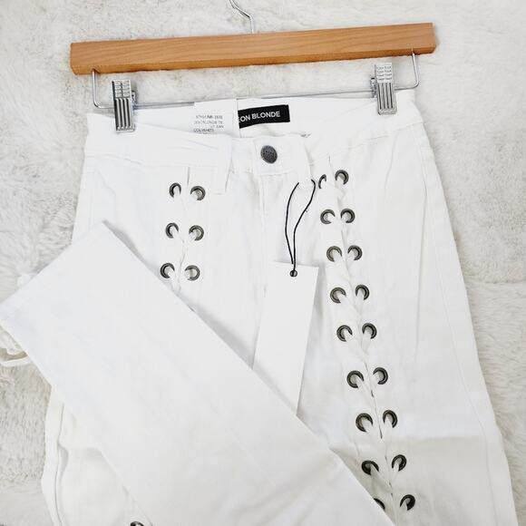 Neon Blonde Blondie Tie-Up Skinny Jeans White Denim Lace-Up Velvet Revolve 24 - Picture 8 of 9